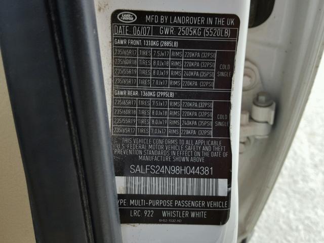 SALFS24N98H044381 - 2008 LAND ROVER LR2 SE TEC WHITE photo 10