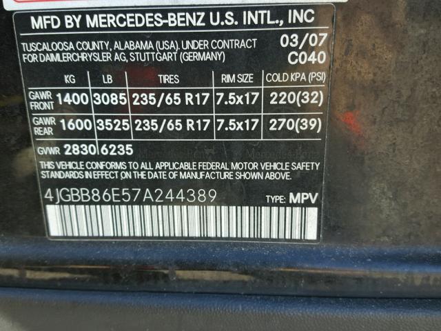 4JGBB86E57A244389 - 2007 MERCEDES-BENZ ML 350 BLACK photo 10