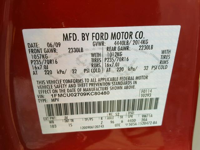 1FMCU02709KC80480 - 2009 FORD ESCAPE XLS RED photo 10