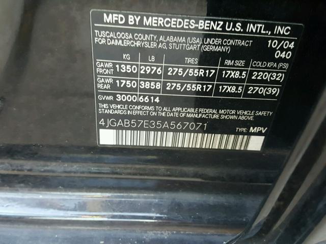 4JGAB57E35A567071 - 2005 MERCEDES-BENZ ML 350 BLACK photo 10