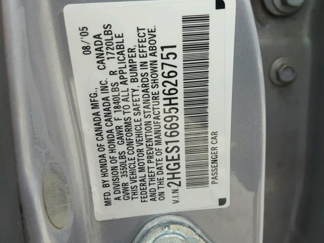 2HGES16695H626751 - 2005 HONDA CIVIC LX SILVER photo 10