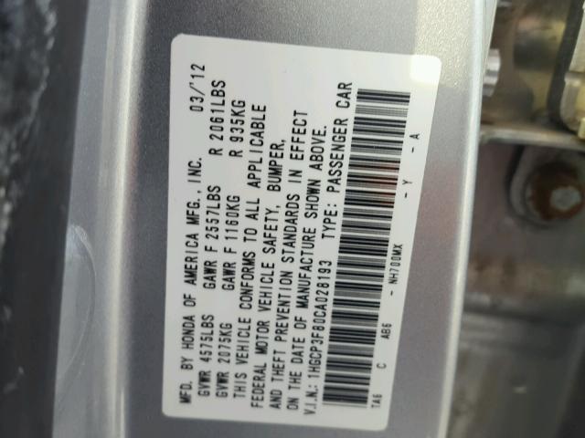 1HGCP3F80CA028193 - 2012 HONDA ACCORD EXL SILVER photo 10