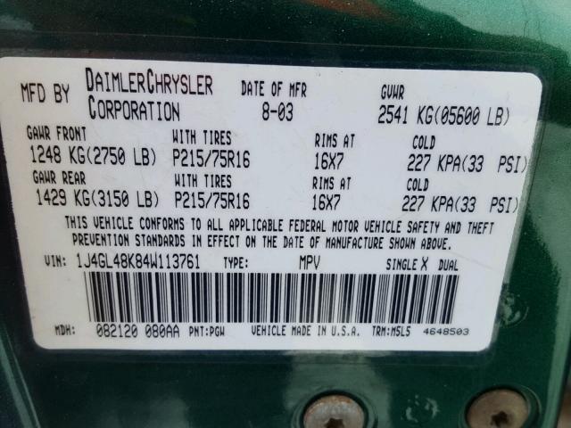 1J4GL48K84W113761 - 2004 JEEP LIBERTY SP GREEN photo 10