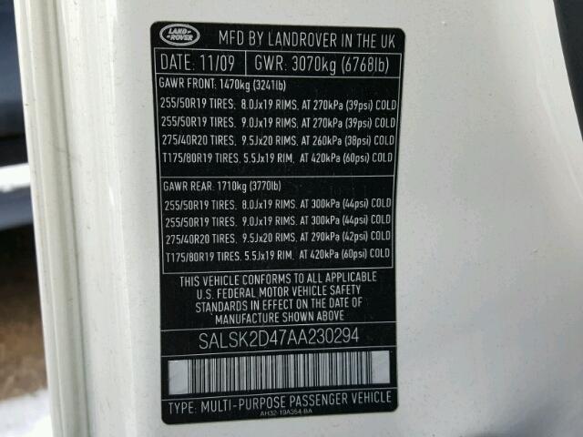 SALSK2D47AA230294 - 2010 LAND ROVER RANGE ROVE WHITE photo 10