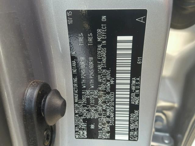 5TDZARFH3FS016933 - 2015 TOYOTA HIGHLANDER SILVER photo 10