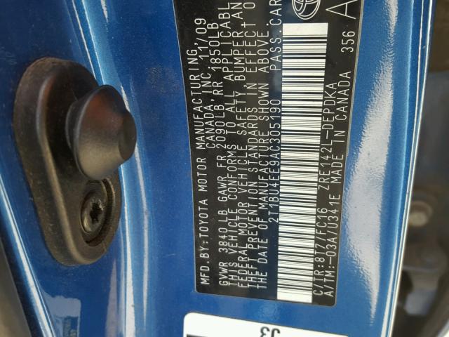 2T1BU4EE9AC305190 - 2010 TOYOTA COROLLA BA BLUE photo 10