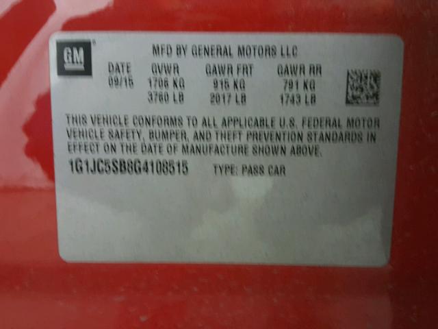 1G1JC5SB8G4108515 - 2016 CHEVROLET SONIC LT RED photo 10