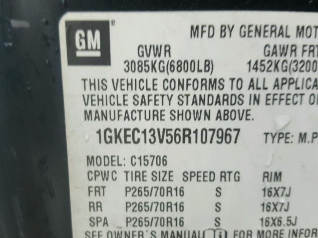 1GKEC13V56R107967 - 2006 GMC YUKON BLACK photo 10