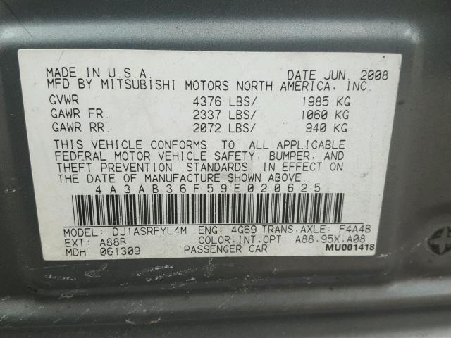 4A3AB36F59E020625 - 2009 MITSUBISHI GALANT ES GRAY photo 10