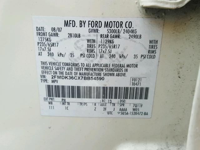 2FMDK36CX7BB54590 - 2007 FORD EDGE SE CREAM photo 10