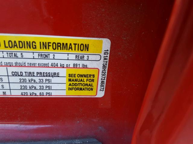 1G1AT58H297246872 - 2009 CHEVROLET COBALT LT RED photo 10