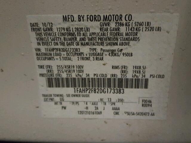 1FAHP2F82DG173383 - 2013 FORD TAURUS LIM WHITE photo 10