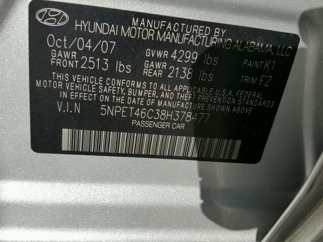 5NPET46C38H378477 - 2008 HYUNDAI SONATA GLS GRAY photo 10