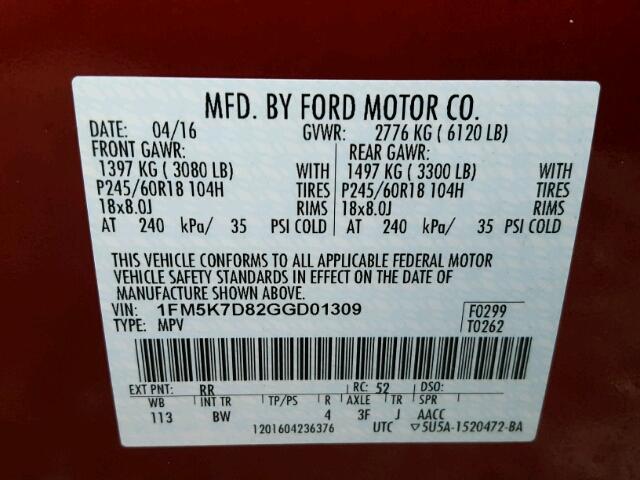 1FM5K7D82GGD01309 - 2016 FORD EXPLORER X RED photo 10