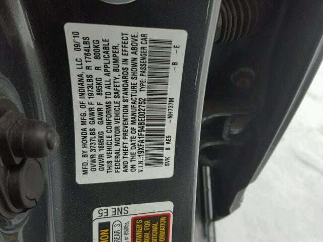 19XFA1F94BE002752 - 2011 HONDA CIVIC EXL GRAY photo 10