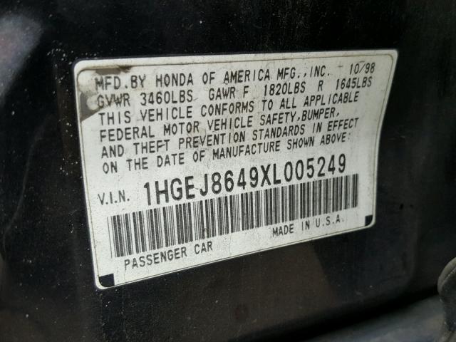 1HGEJ8649XL005249 - 1999 HONDA CIVIC EX შავი ფოტო 10