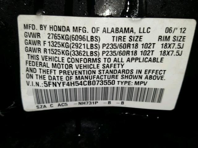 5FNYF4H54CB073550 - 2012 HONDA PILOT EXL BLACK photo 10