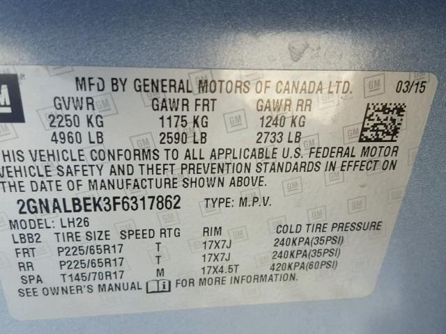 2GNALBEK3F6317862 - 2015 CHEVROLET EQUINOX LT BLUE photo 10