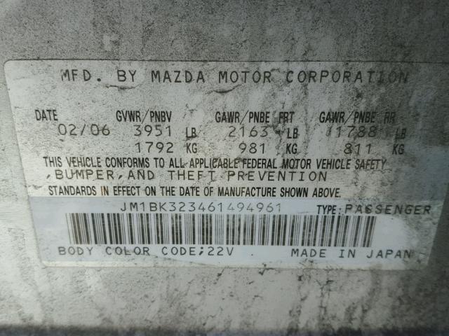 JM1BK323461494961 - 2006 MAZDA 3 S GRAY photo 10