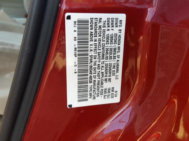 5FNRL18654B148536 - 2004 HONDA ODYSSEY EX BURGUNDY photo 10