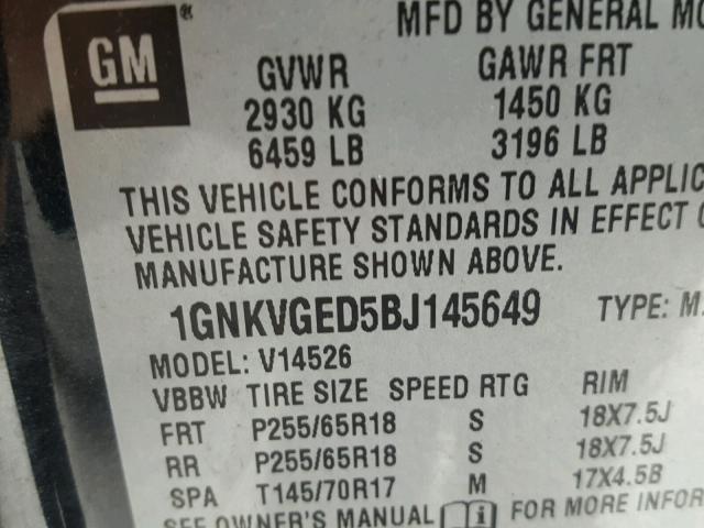 1GNKVGED5BJ145649 - 2011 CHEVROLET TRAVERSE L BLACK photo 10