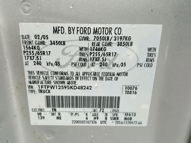 1FTPW12595KD48242 - 2005 FORD F150 SUPER SILVER photo 10