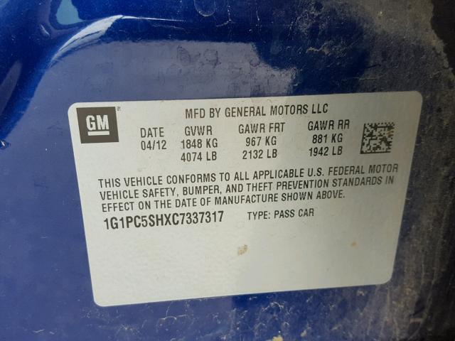 1G1PC5SHXC7337317 - 2012 CHEVROLET CRUZE LS BLUE photo 10