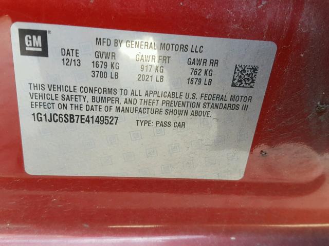 1G1JC6SB7E4149527 - 2014 CHEVROLET SONIC LT RED photo 10