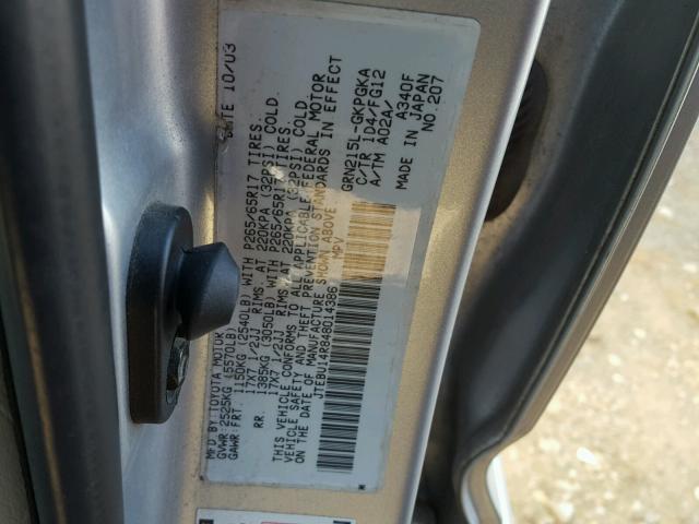 JTEBU14R848014386 - 2004 TOYOTA 4RUNNER SR SILVER photo 10