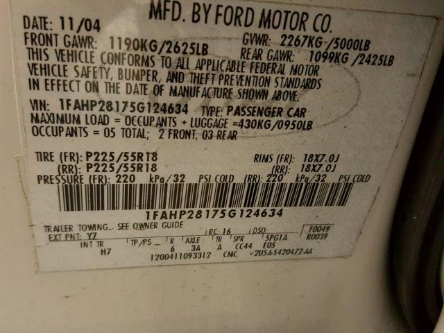 1FAHP28175G124634 - 2005 FORD FIVE HUNDR WHITE photo 10