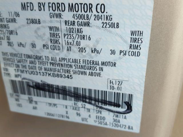 1FMYU03137KB89345 - 2007 FORD ESCAPE XLT BROWN photo 10