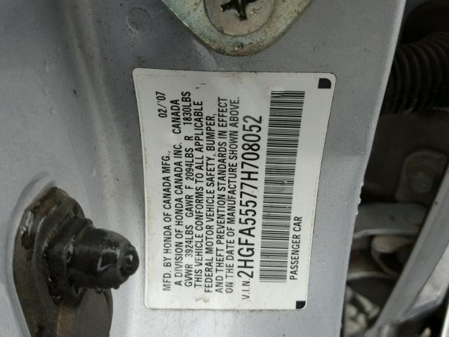 2HGFA55577H708052 - 2007 HONDA CIVIC SI SILVER photo 10