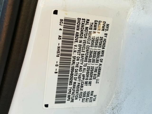 5FNRL18994B092983 - 2004 HONDA ODYSSEY EX WHITE photo 10