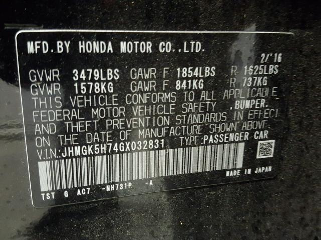 JHMGK5H74GX032831 - 2016 HONDA FIT EX BLACK photo 10