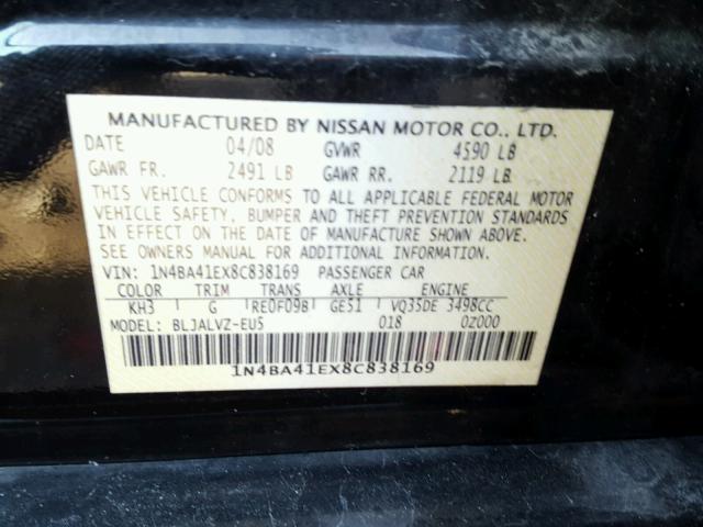 1N4BA41EX8C838169 - 2008 NISSAN MAXIMA SE BLACK photo 10