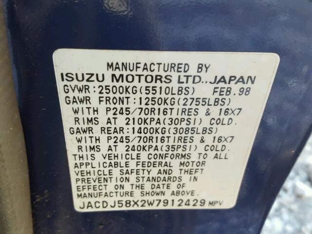 JACDJ58X2W7912429 - 1998 ISUZU TROOPER S BLUE photo 10