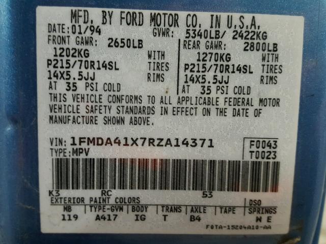 1FMDA41X7RZA14371 - 1994 FORD AEROSTAR BLUE photo 10