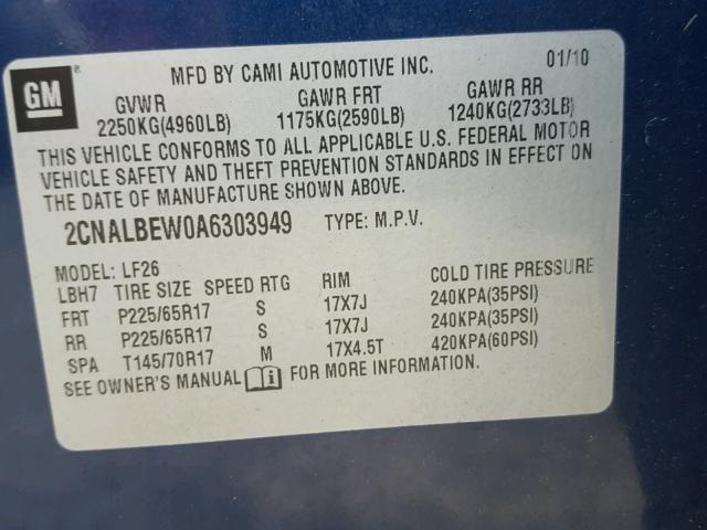 2CNALBEW0A6303949 - 2010 CHEVROLET EQUINOX LS BLUE photo 10