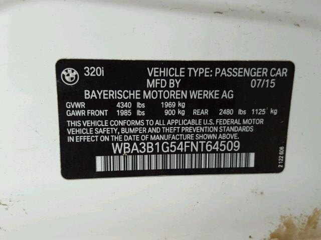 WBA3B1G54FNT64509 - 2015 BMW 320 I WHITE photo 10
