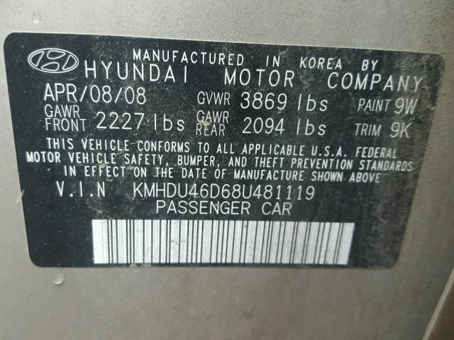 KMHDU46D68U481119 - 2008 HYUNDAI ELANTRA GL GOLD photo 10