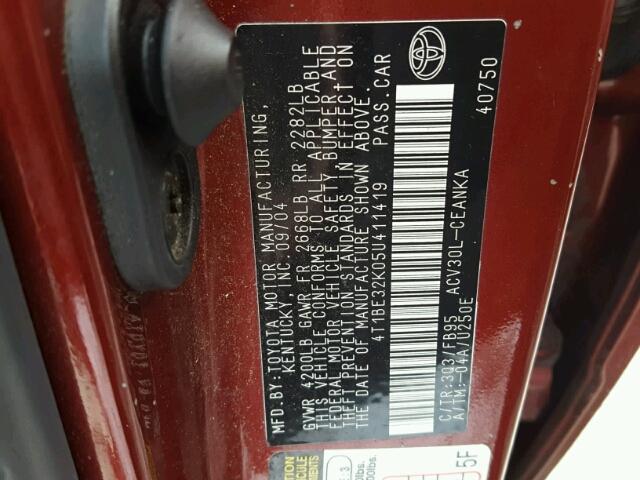 4T1BE32K05U411419 - 2005 TOYOTA CAMRY LE RED photo 10