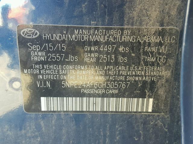 5NPE24AF6GH305767 - 2016 HYUNDAI SONATA SE BLUE photo 10