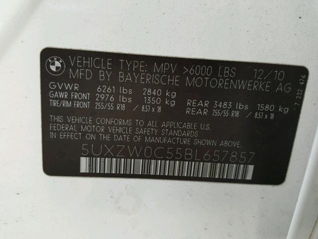 5UXZW0C55BL657857 - 2011 BMW X5 XDRIVE3 WHITE photo 10