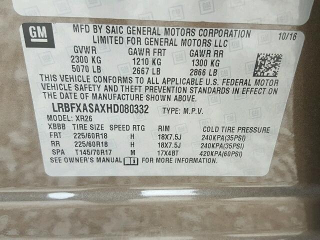 LRBFXASAXHD080332 - 2017 BUICK ENVISION P BROWN photo 10