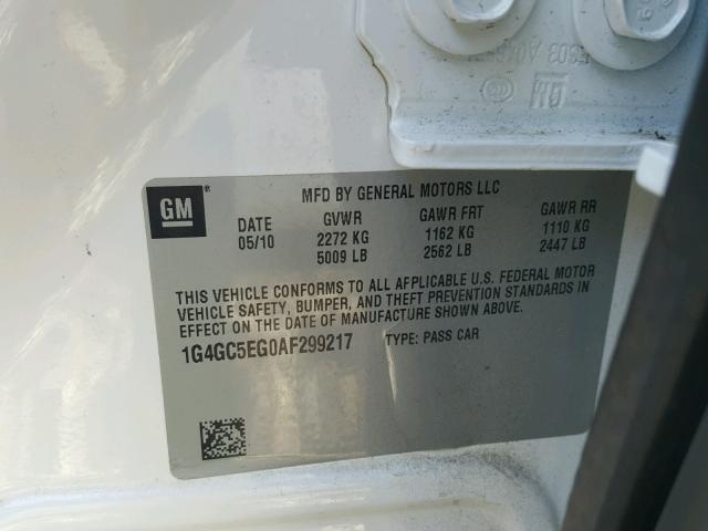 1G4GC5EG0AF299217 - 2010 BUICK LACROSSE C WHITE photo 10