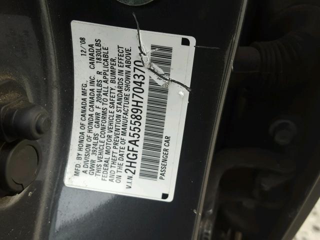 2HGFA55589H704370 - 2009 HONDA CIVIC SI GRAY photo 10