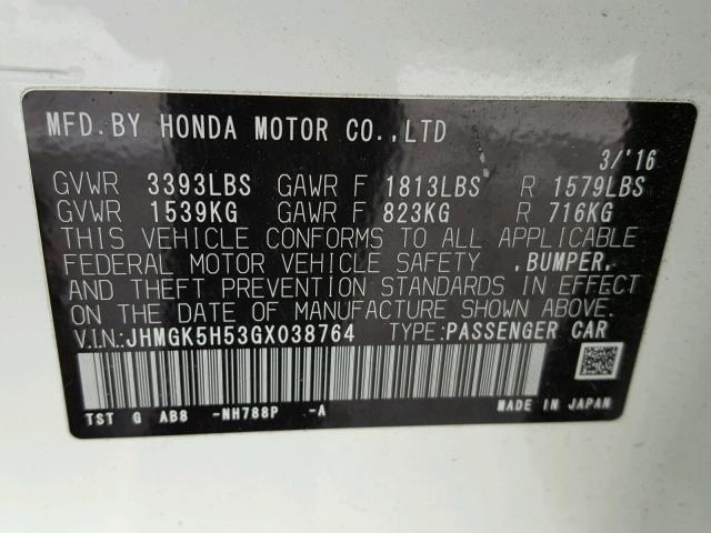JHMGK5H53GX038764 - 2016 HONDA FIT LX Beyaz fotoğraf 10