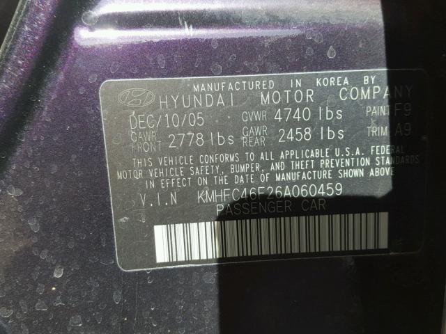 KMHFC46F26A060459 - 2006 HYUNDAI AZERA SE PURPLE photo 10