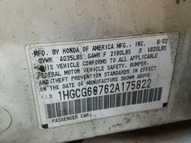 1HGCG66762A175822 - 2002 HONDA ACCORD LX WHITE photo 10