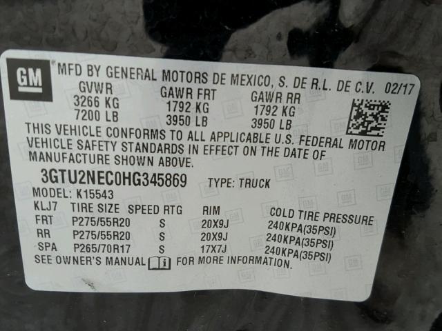 3GTU2NEC0HG345869 - 2017 GMC SIERRA K15 BLACK photo 10